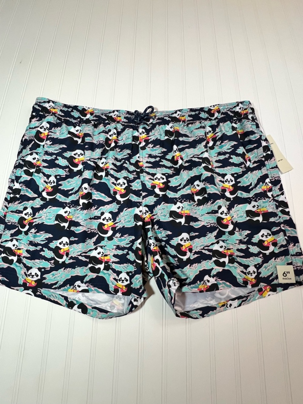 Men's 3XL 48-50 Swim Trunks Panda Print in Navy and Teal NWT